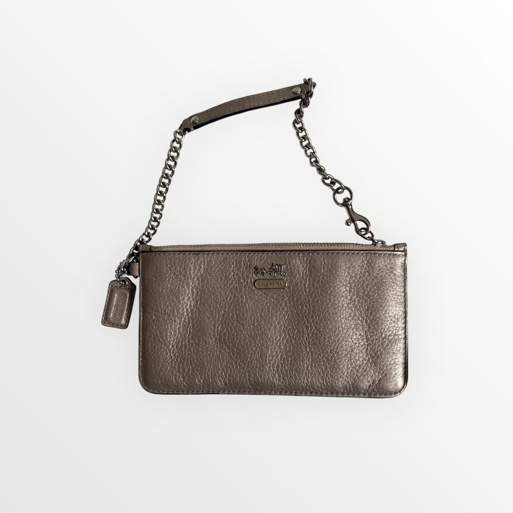 COACH Metallic Taupe Leather Chain Wristlet Pouch Bag - Picture 2 of 10